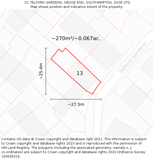 13, TELFORD GARDENS, HEDGE END, SOUTHAMPTON, SO30 2TQ: Plot and title map