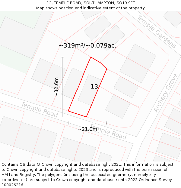 13, TEMPLE ROAD, SOUTHAMPTON, SO19 9FE: Plot and title map