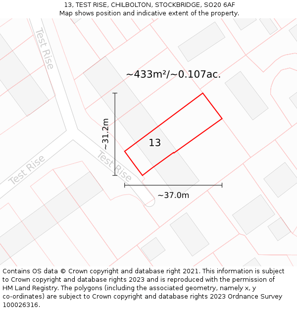 13, TEST RISE, CHILBOLTON, STOCKBRIDGE, SO20 6AF: Plot and title map