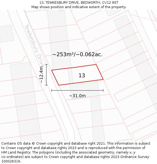 13, TEWKESBURY DRIVE, BEDWORTH, CV12 9ST: Plot and title map