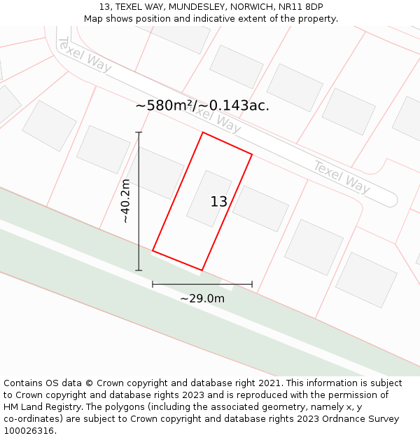 13, TEXEL WAY, MUNDESLEY, NORWICH, NR11 8DP: Plot and title map