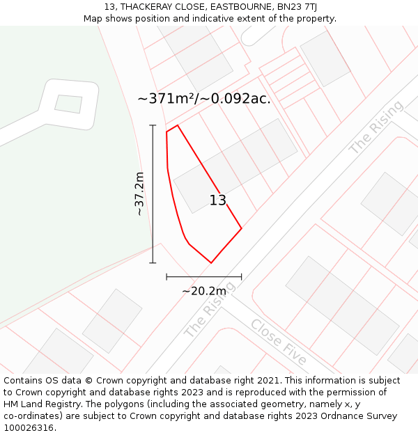 13, THACKERAY CLOSE, EASTBOURNE, BN23 7TJ: Plot and title map