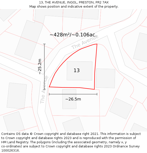 13, THE AVENUE, INGOL, PRESTON, PR2 7AX: Plot and title map