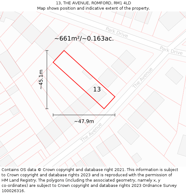 13, THE AVENUE, ROMFORD, RM1 4LD: Plot and title map