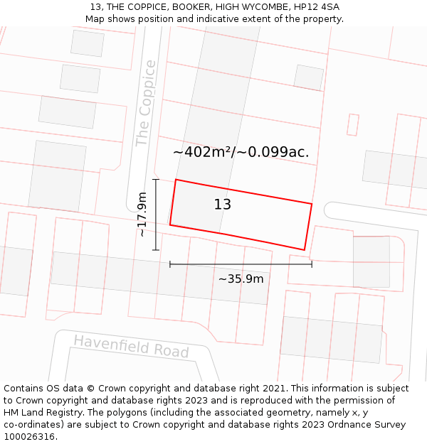 13, THE COPPICE, BOOKER, HIGH WYCOMBE, HP12 4SA: Plot and title map