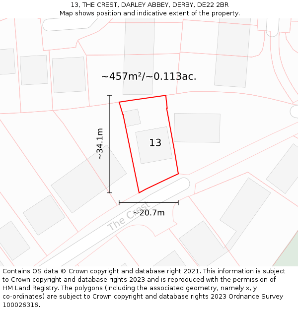 13, THE CREST, DARLEY ABBEY, DERBY, DE22 2BR: Plot and title map