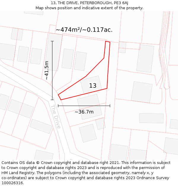 13, THE DRIVE, PETERBOROUGH, PE3 6AJ: Plot and title map