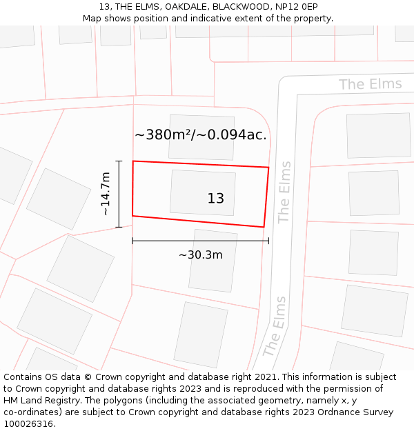 13, THE ELMS, OAKDALE, BLACKWOOD, NP12 0EP: Plot and title map