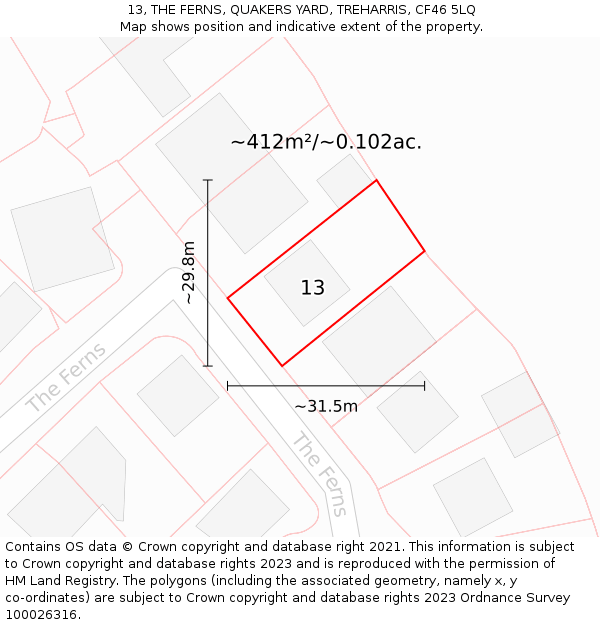 13, THE FERNS, QUAKERS YARD, TREHARRIS, CF46 5LQ: Plot and title map