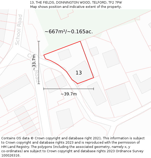 13, THE FIELDS, DONNINGTON WOOD, TELFORD, TF2 7PW: Plot and title map