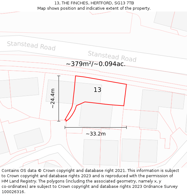 13, THE FINCHES, HERTFORD, SG13 7TB: Plot and title map