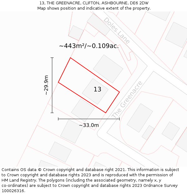 13, THE GREENACRE, CLIFTON, ASHBOURNE, DE6 2DW: Plot and title map