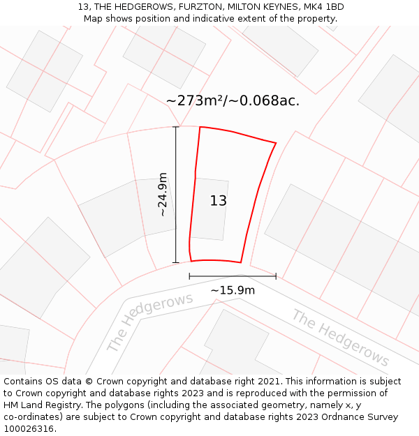 13, THE HEDGEROWS, FURZTON, MILTON KEYNES, MK4 1BD: Plot and title map