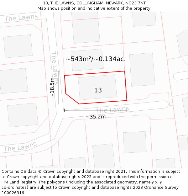 13, THE LAWNS, COLLINGHAM, NEWARK, NG23 7NT: Plot and title map