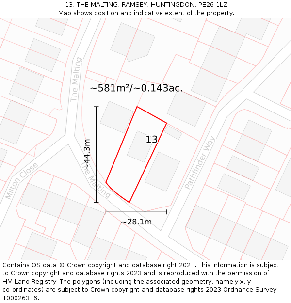 13, THE MALTING, RAMSEY, HUNTINGDON, PE26 1LZ: Plot and title map