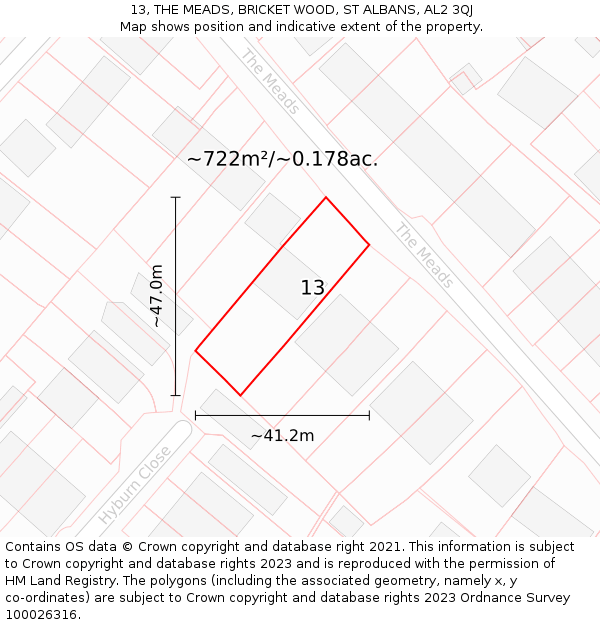 13, THE MEADS, BRICKET WOOD, ST ALBANS, AL2 3QJ: Plot and title map