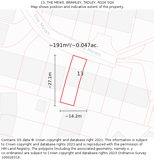 13, THE MEWS, BRAMLEY, TADLEY, RG26 5QX: Plot and title map