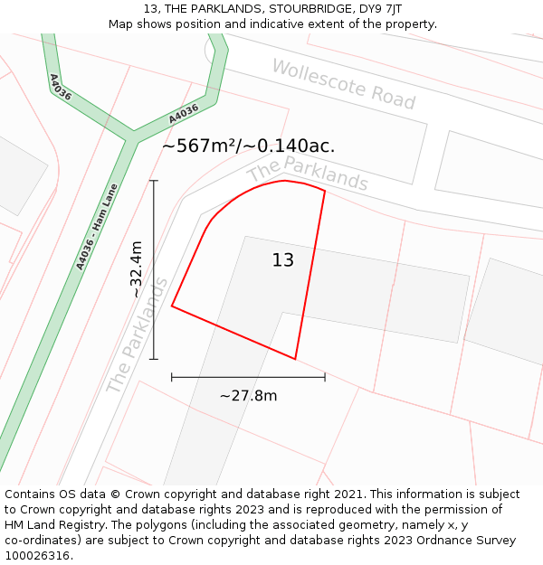 13, THE PARKLANDS, STOURBRIDGE, DY9 7JT: Plot and title map