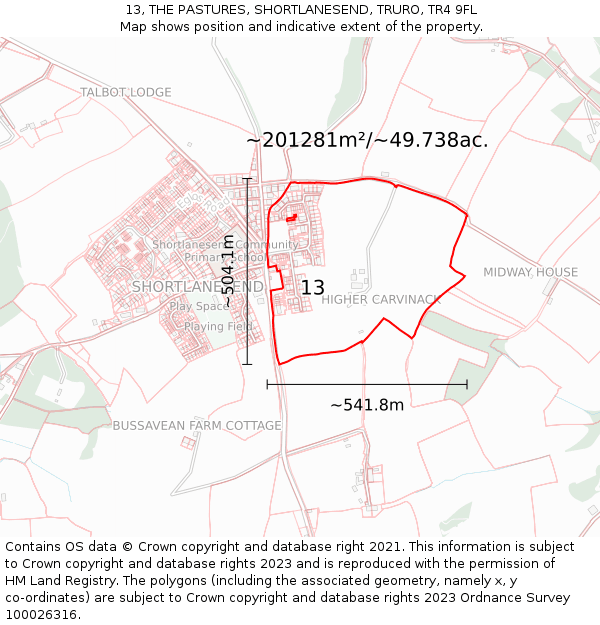 13, THE PASTURES, SHORTLANESEND, TRURO, TR4 9FL: Plot and title map