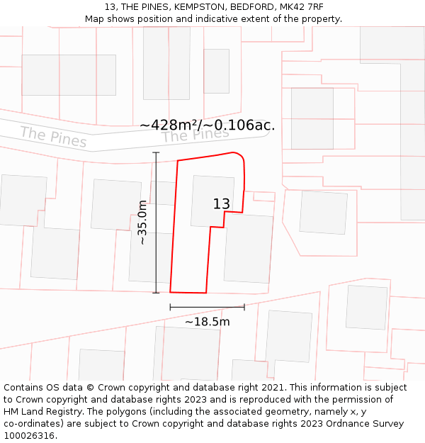 13, THE PINES, KEMPSTON, BEDFORD, MK42 7RF: Plot and title map