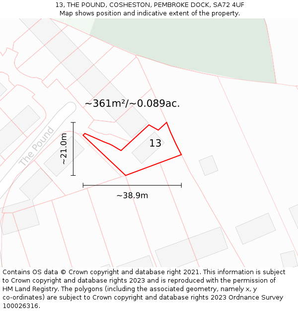 13, THE POUND, COSHESTON, PEMBROKE DOCK, SA72 4UF: Plot and title map