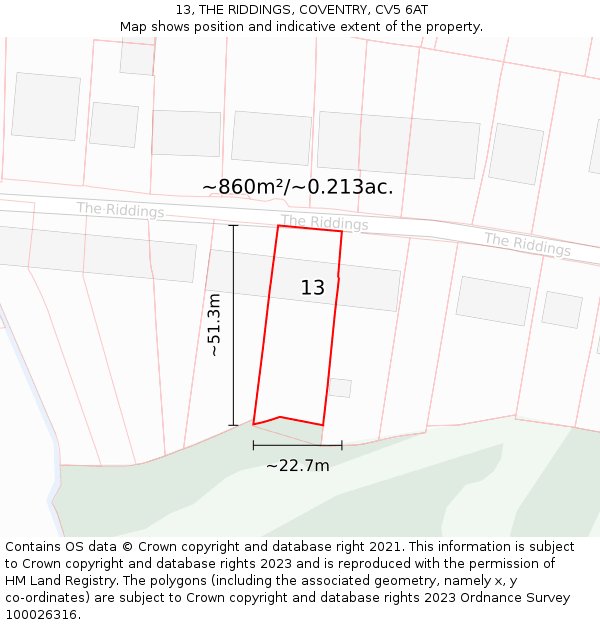 13, THE RIDDINGS, COVENTRY, CV5 6AT: Plot and title map