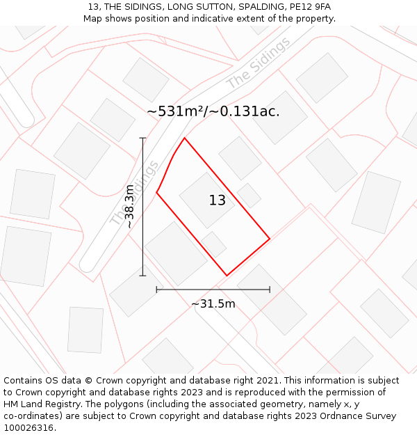 13, THE SIDINGS, LONG SUTTON, SPALDING, PE12 9FA: Plot and title map