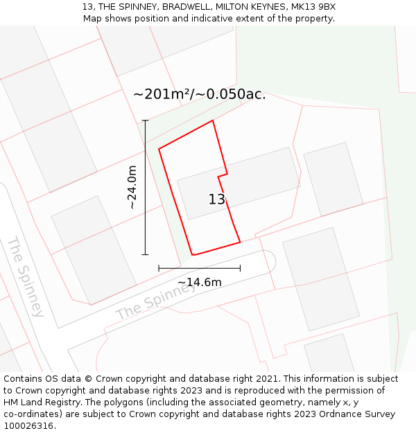 13, THE SPINNEY, BRADWELL, MILTON KEYNES, MK13 9BX: Plot and title map