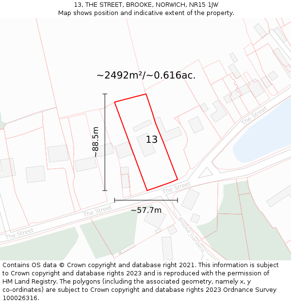 13, THE STREET, BROOKE, NORWICH, NR15 1JW: Plot and title map