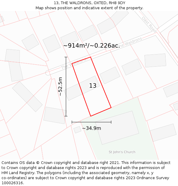 13, THE WALDRONS, OXTED, RH8 9DY: Plot and title map