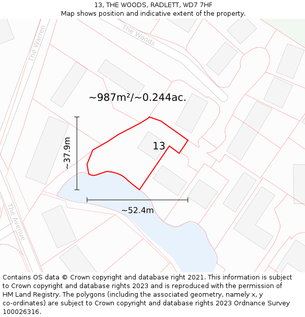 13, THE WOODS, RADLETT, WD7 7HF: Plot and title map