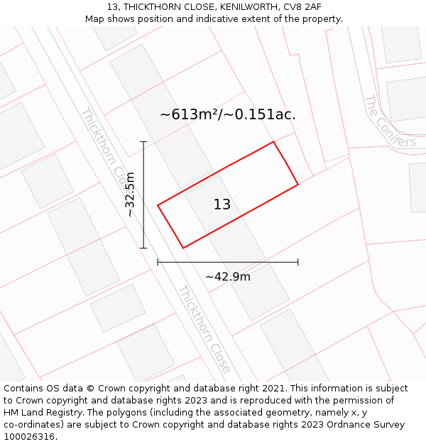 13, THICKTHORN CLOSE, KENILWORTH, CV8 2AF: Plot and title map