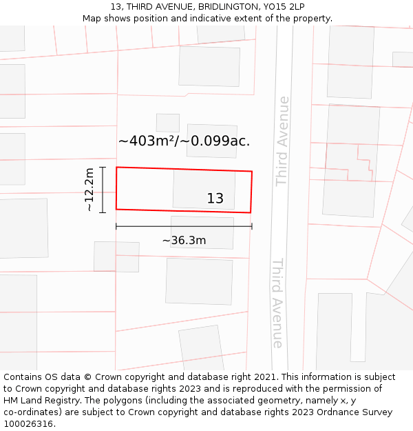 13, THIRD AVENUE, BRIDLINGTON, YO15 2LP: Plot and title map