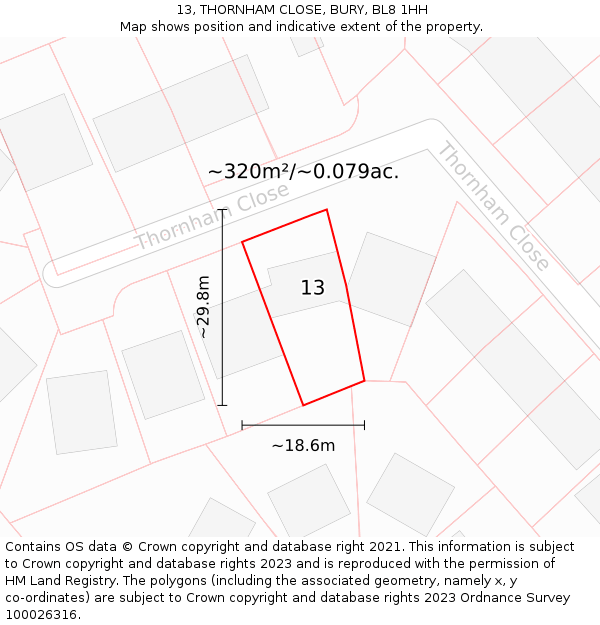 13, THORNHAM CLOSE, BURY, BL8 1HH: Plot and title map