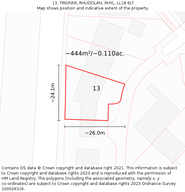 13, TIRIONFA, RHUDDLAN, RHYL, LL18 6LT: Plot and title map