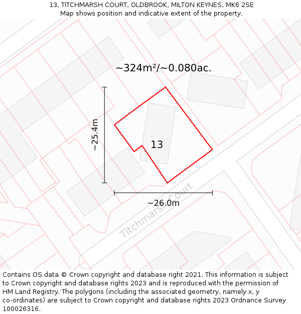 13, TITCHMARSH COURT, OLDBROOK, MILTON KEYNES, MK6 2SE: Plot and title map