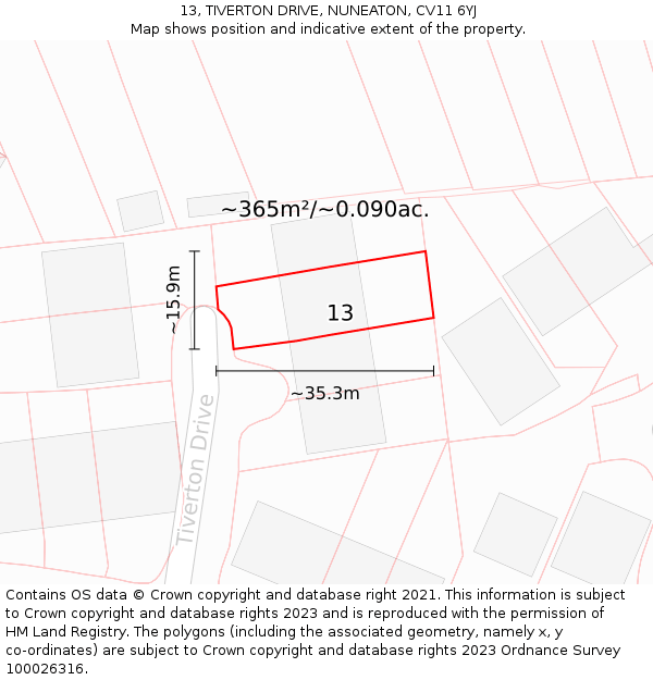 13, TIVERTON DRIVE, NUNEATON, CV11 6YJ: Plot and title map