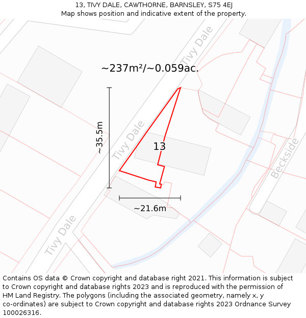 13, TIVY DALE, CAWTHORNE, BARNSLEY, S75 4EJ: Plot and title map