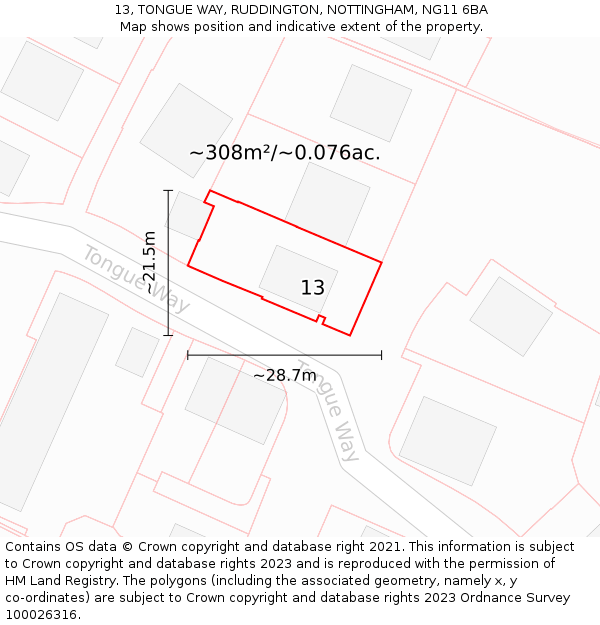 13, TONGUE WAY, RUDDINGTON, NOTTINGHAM, NG11 6BA: Plot and title map