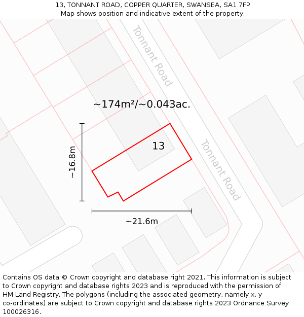 13, TONNANT ROAD, COPPER QUARTER, SWANSEA, SA1 7FP: Plot and title map
