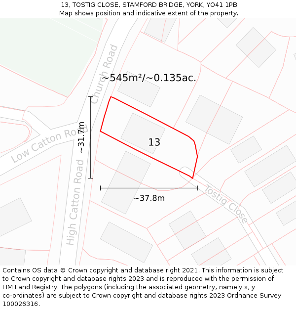 13, TOSTIG CLOSE, STAMFORD BRIDGE, YORK, YO41 1PB: Plot and title map
