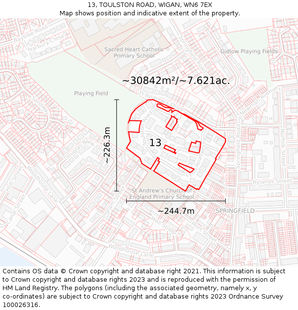 13, TOULSTON ROAD, WIGAN, WN6 7EX: Plot and title map