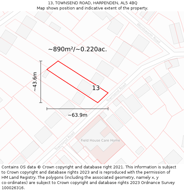 13, TOWNSEND ROAD, HARPENDEN, AL5 4BQ: Plot and title map