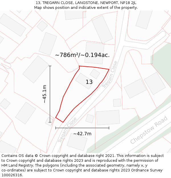 13, TREGARN CLOSE, LANGSTONE, NEWPORT, NP18 2JL: Plot and title map