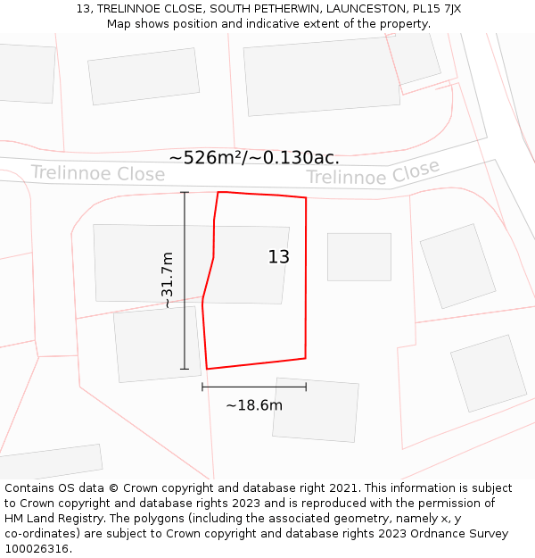 13, TRELINNOE CLOSE, SOUTH PETHERWIN, LAUNCESTON, PL15 7JX: Plot and title map