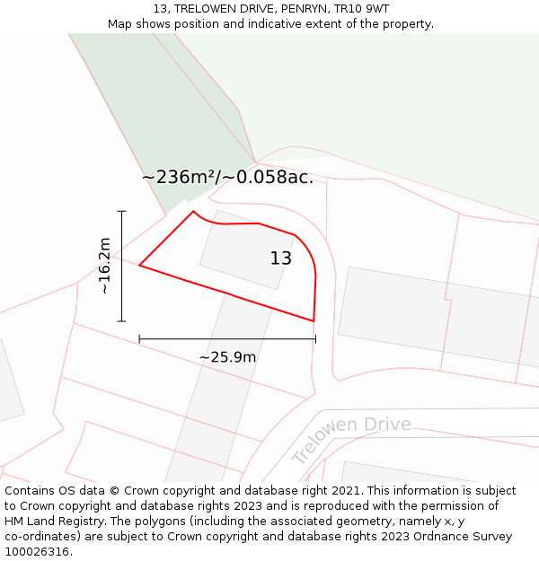 13, TRELOWEN DRIVE, PENRYN, TR10 9WT: Plot and title map