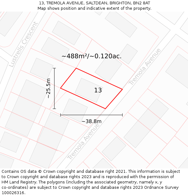 13, TREMOLA AVENUE, SALTDEAN, BRIGHTON, BN2 8AT: Plot and title map