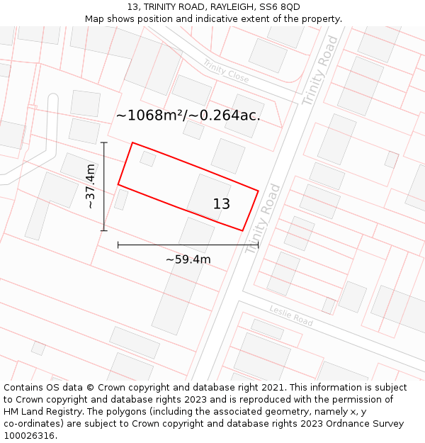 13, TRINITY ROAD, RAYLEIGH, SS6 8QD: Plot and title map