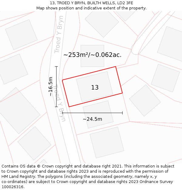 13, TROED Y BRYN, BUILTH WELLS, LD2 3FE: Plot and title map