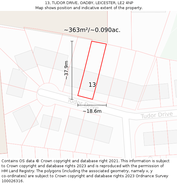 13, TUDOR DRIVE, OADBY, LEICESTER, LE2 4NP: Plot and title map